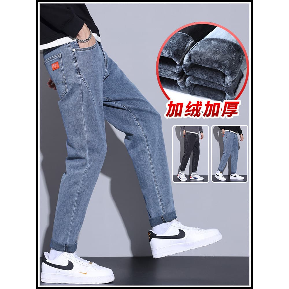 Inverno luz azul primavera outono Jeans masculino solto em linha reta outono inverno Street Wear forro de lã engrossado