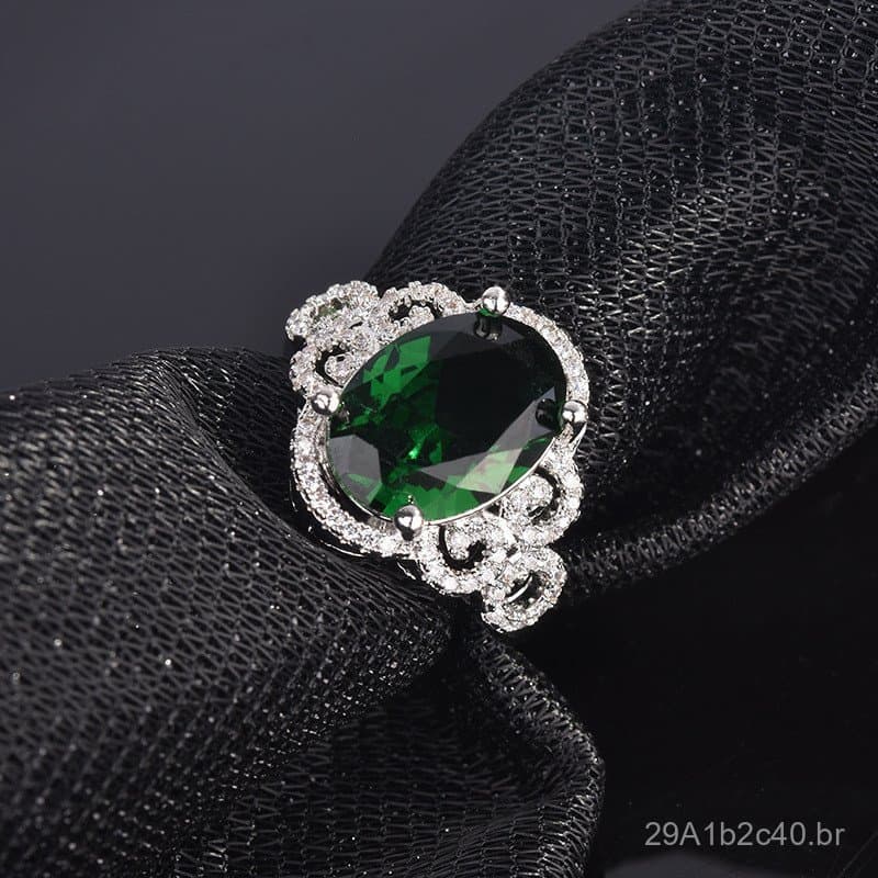 Novo anel aberto de estilo europeu e americano, de alta moda, cravejado de esmeraldas e diamantes, luxuosa joia de noiva