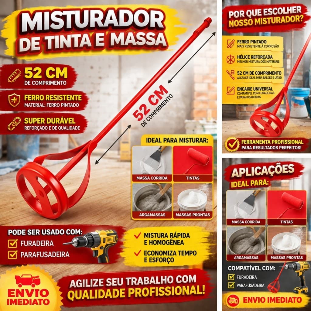 Misturador Profissional 52cm para Tinta Massa Argamassa para Furadeira e Parafusadeira.