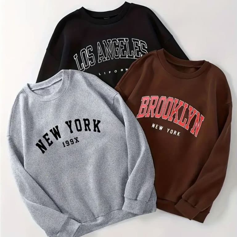 Kit 3 Blusas Moletom Gola Careca New York, Los Angeles & Brooklyn Frio Unissex Masculino e Feminino
