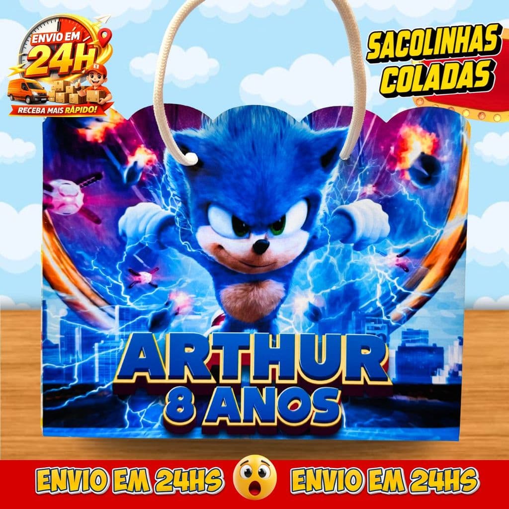 Sacolinhas Sonic Personalizadas - Lembrancinhas Infantil Premium com Nome e Idade