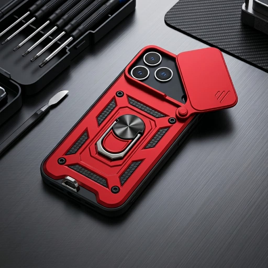 Capa blindada para iPhone com tampa deslizante de câmera, suporte de anel 360°, proteção anti-queda em 4 cores