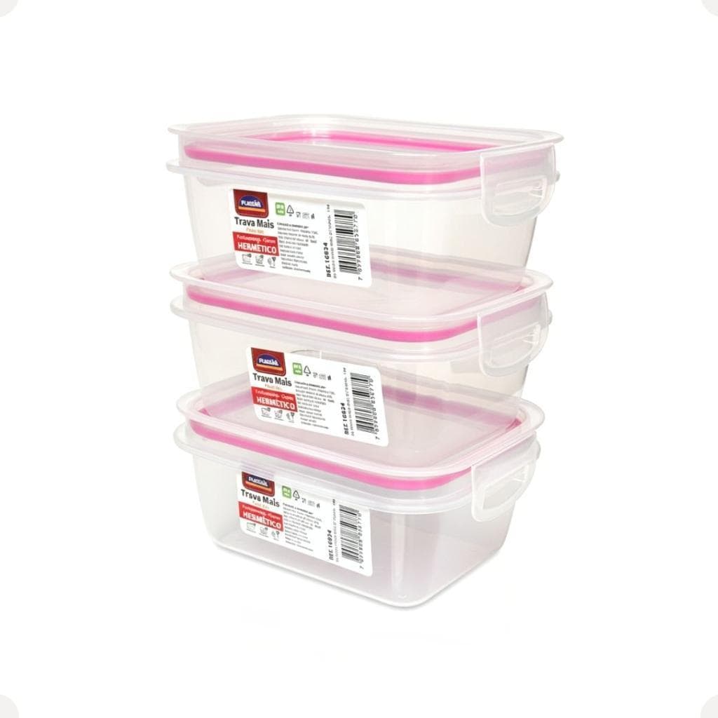 Potes Herméticos 550ml Rosa Kit 3 Peças Trava Mais Vedação Forte Cozinha Marmita Armazenamento