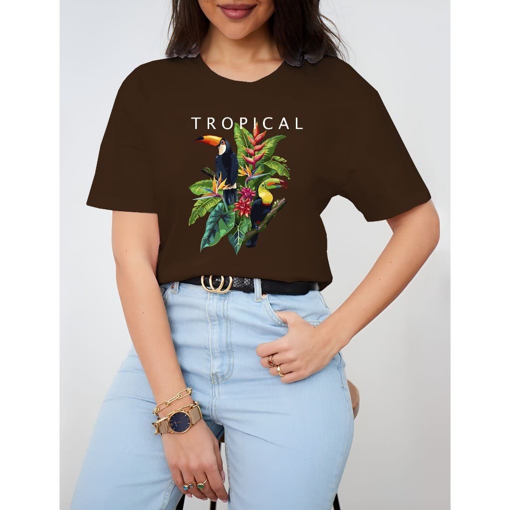 T-shirt Camiseta Feminina Inspiração Tropical Tucano 100% Algodão Fio 30.1 Premium