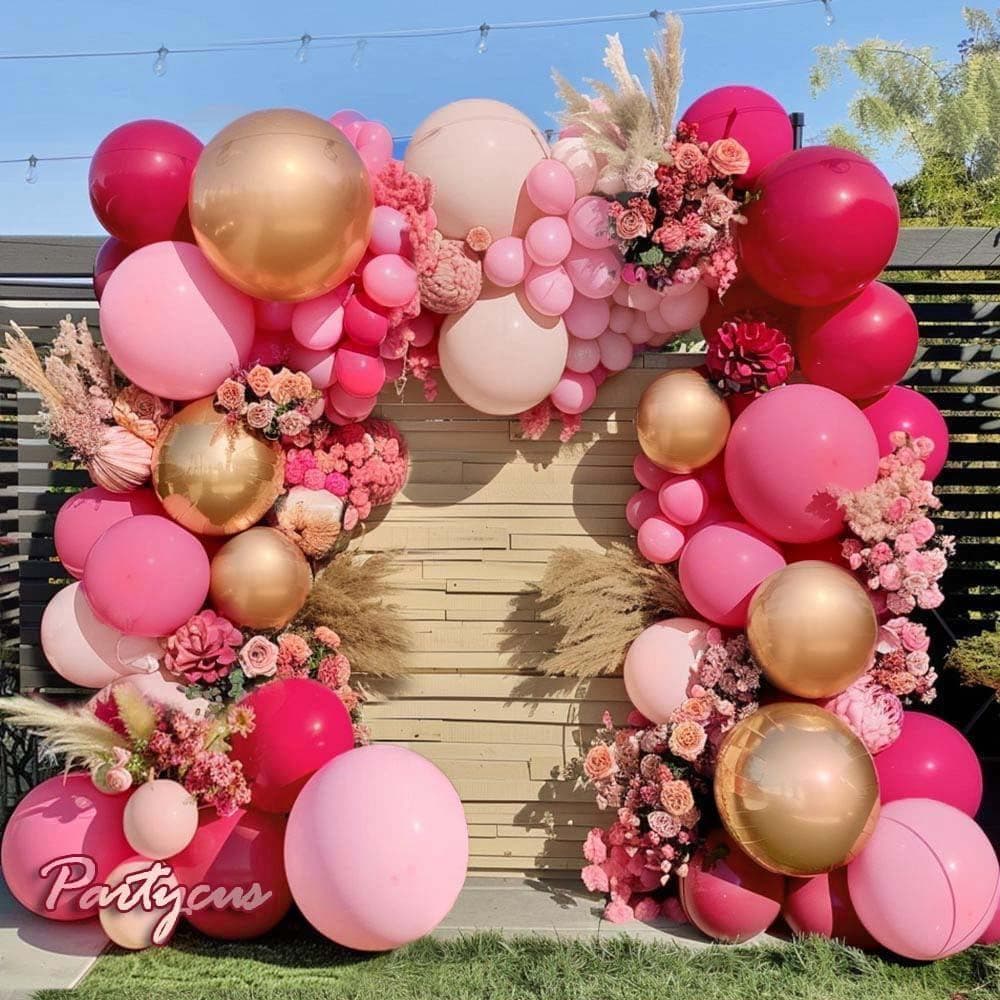 Kit 183 Balões Rosa Magenta Blush Nude Ouro Double 5"10"12"18" Arco Orgânico Decoração Festa Aniversário Casamento