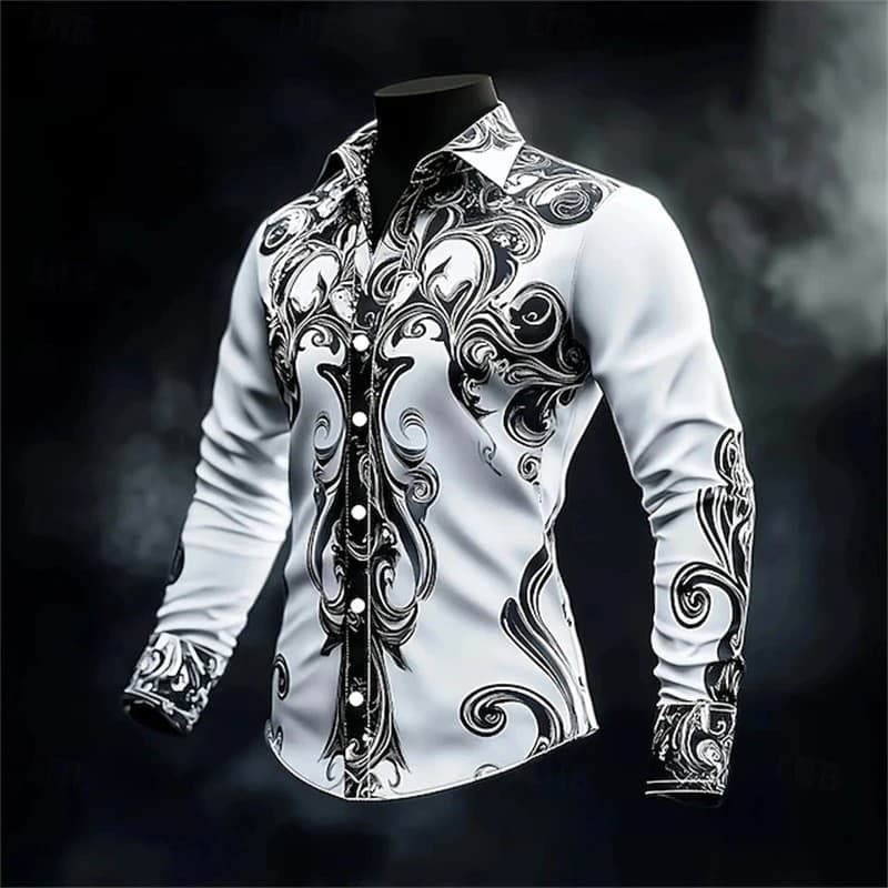 Camisa masculina retrô com gola impressa em 3d, Slim fit, manga comprida, botão Formal, roupas masculinas casuais