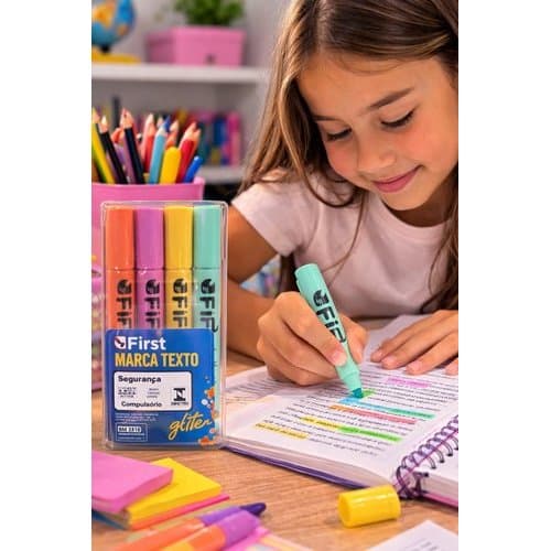 Conjunto 4 Marca Texto com Glitter Colorido - Letras Artesanato - Material Escolar