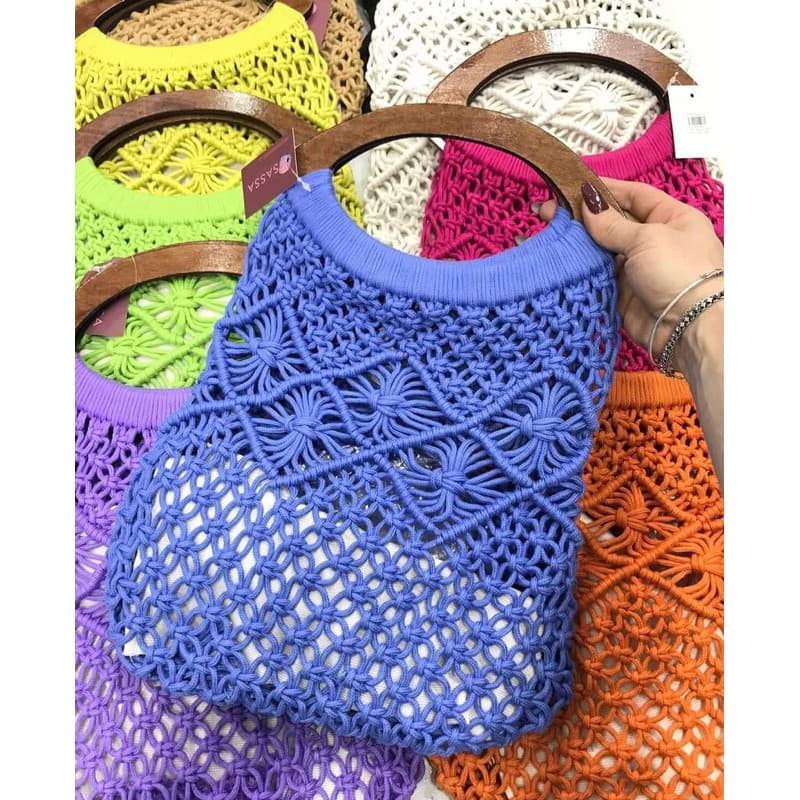 Bolsa Praia Macramê com Alça em Madeira