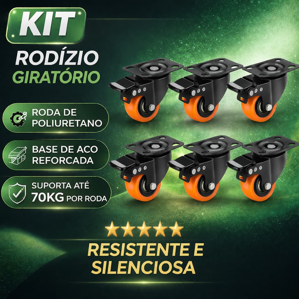 Kit 6 Rodinhas Rodízios Rodas Moveis Com Base Giratória Freio e Trava Rodízio Anti-risco Reforçada