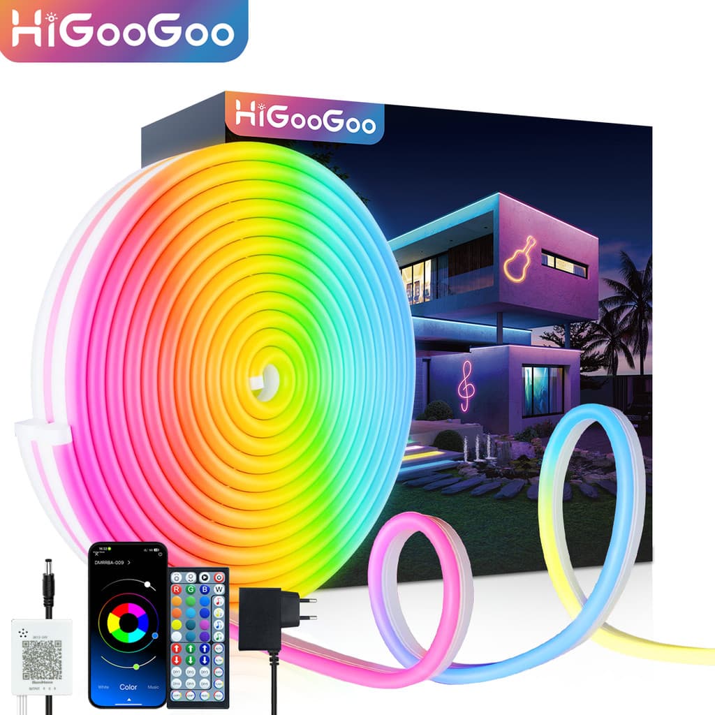 HiGooGoo Fita de LED Neon RGB Flexivel 30/20/10/5m IP65 APP Controle Remoto Com Fonte Ideal Para Decoração e Festas
