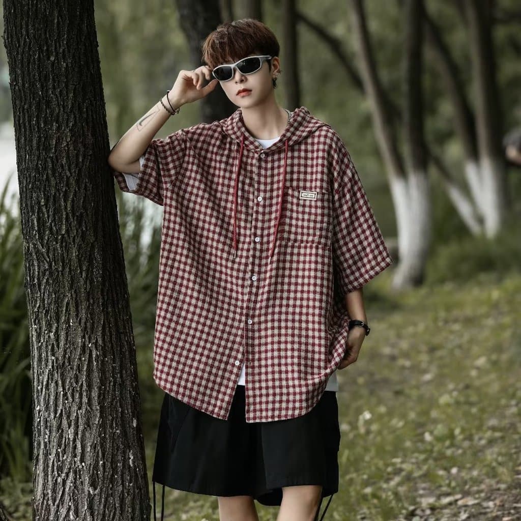 Camisa xadrez rosa com capuz, manga três quartos, masculina, manga curta, japonesa, cityboy, jaqueta Cargo, meia manga,