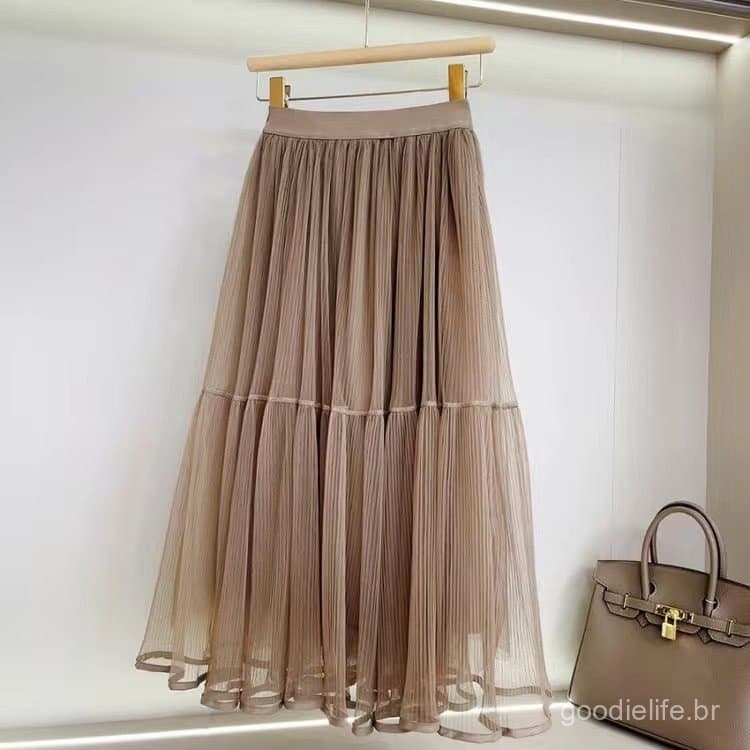 Saia De Verão Feminina De Malha Elegante De Cintura Alta Cor Sólida Média Em Tule Longo QT2066 PRD2