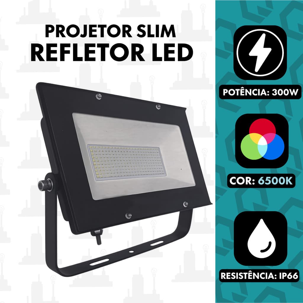 Kit 1, 2, 3 Refletor 300w led holofote projetor ip66 Bivolt 110/220V Branco Frio 6500K