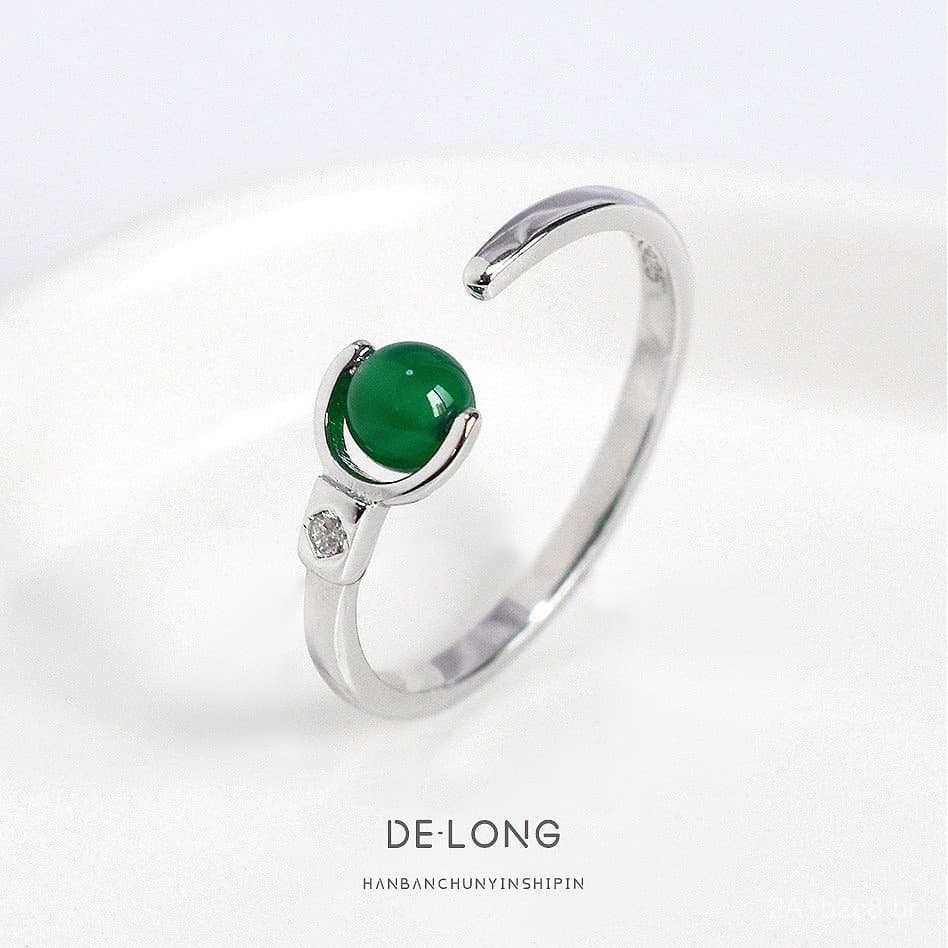 Anel minimalista único de ágata verde, anel de prata esterlina s925, estilo coreano chique, anel de cristal prateado fem