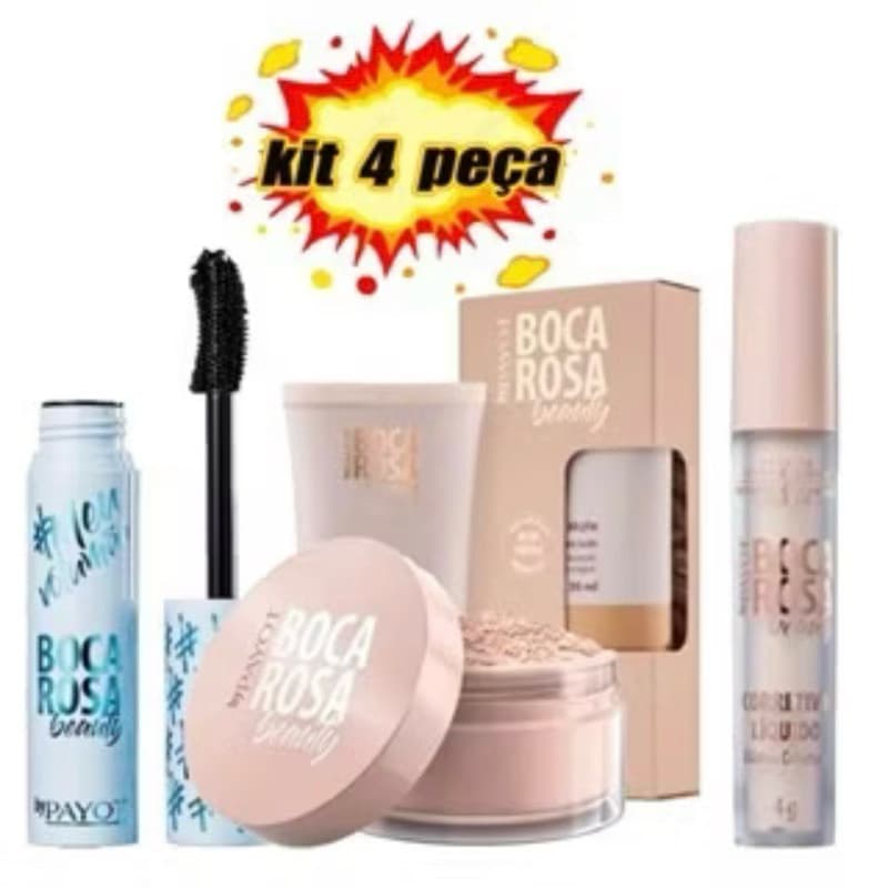 KIT 4 Pecas Base + Mascara Para Cilios e Corretivo e Pó Solto Mármore boca rosa