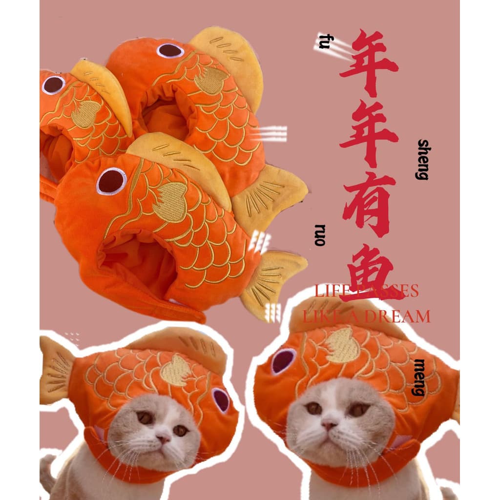 Ano novo tem peixe chapéu para animais de estimação babador bonito transformação auspicioso cabeça de peixe gato cão Uni