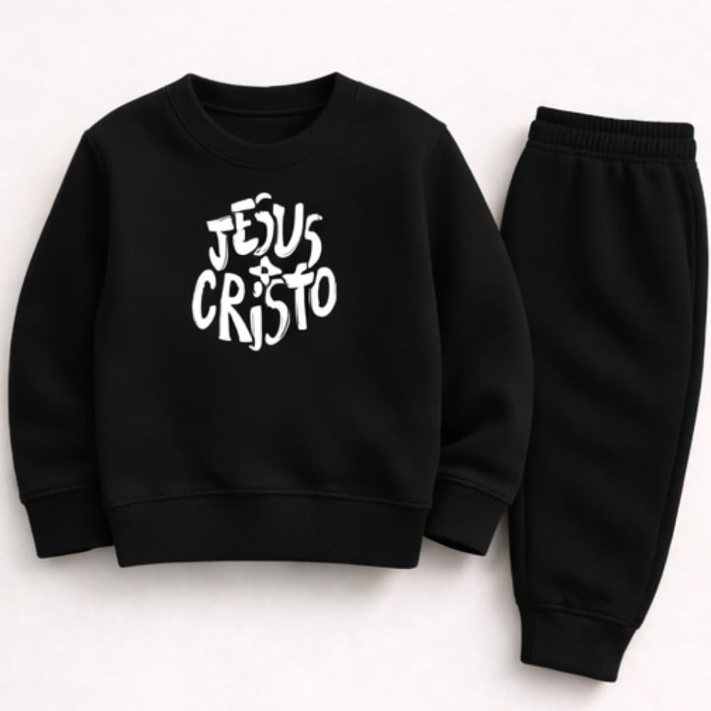 Conjunto Casaco Calça Infantil Moletom Gola Redonda Jesus Cristo Unissex