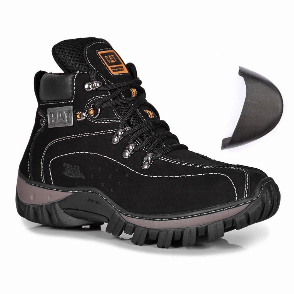 Coturno Masculino Couro Camurça Estilo Caterpillar Bico PVC Palmilha Gel Ortopédica Impermeável Antiderrapante Trabalho