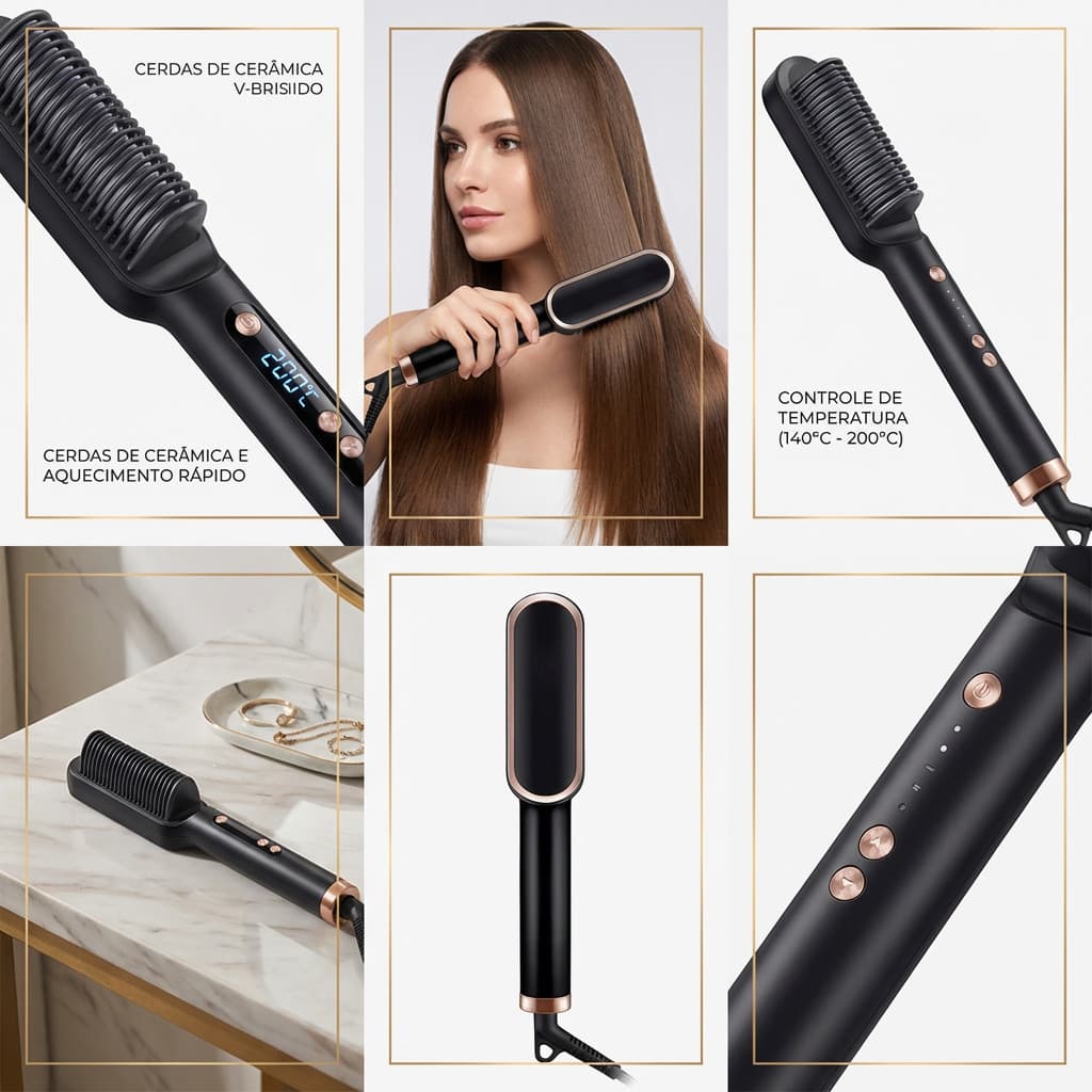 Escova Alisadora e Secadora 5 em 1 Bivolt Cerâmica Tourmaline Íon Anti-Frizz Profissional