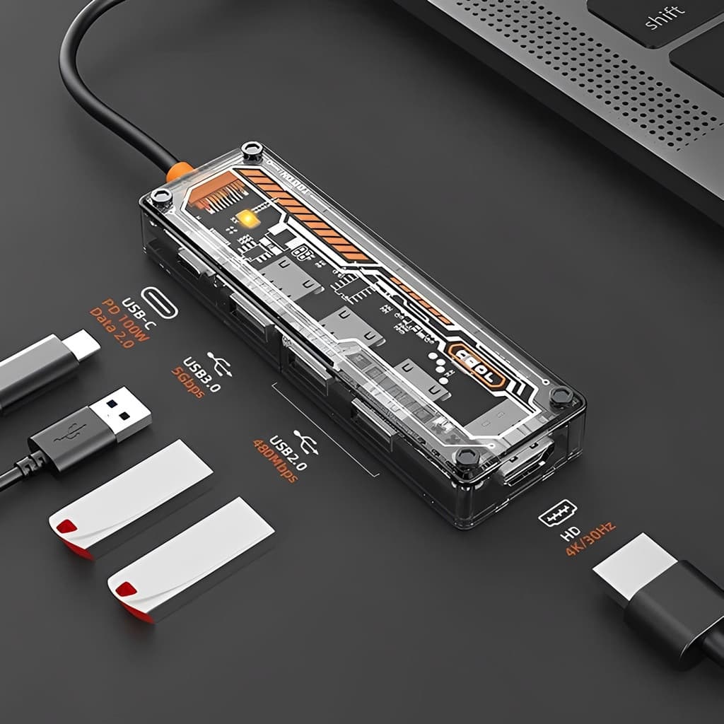 Hub USB Type-C 6/5 em 1 Transparente para Notebook HDMI VGA RJ45 Leitor de Cartões Multifunção PD