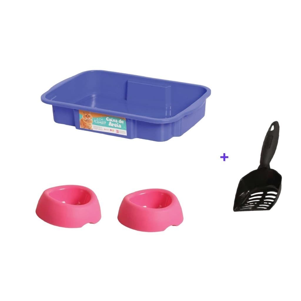 Kit Caixa de Areia Higiênica para Gatos com Pá Comedouro Bebedouro Banheira Completa Pet Gato Multiuso