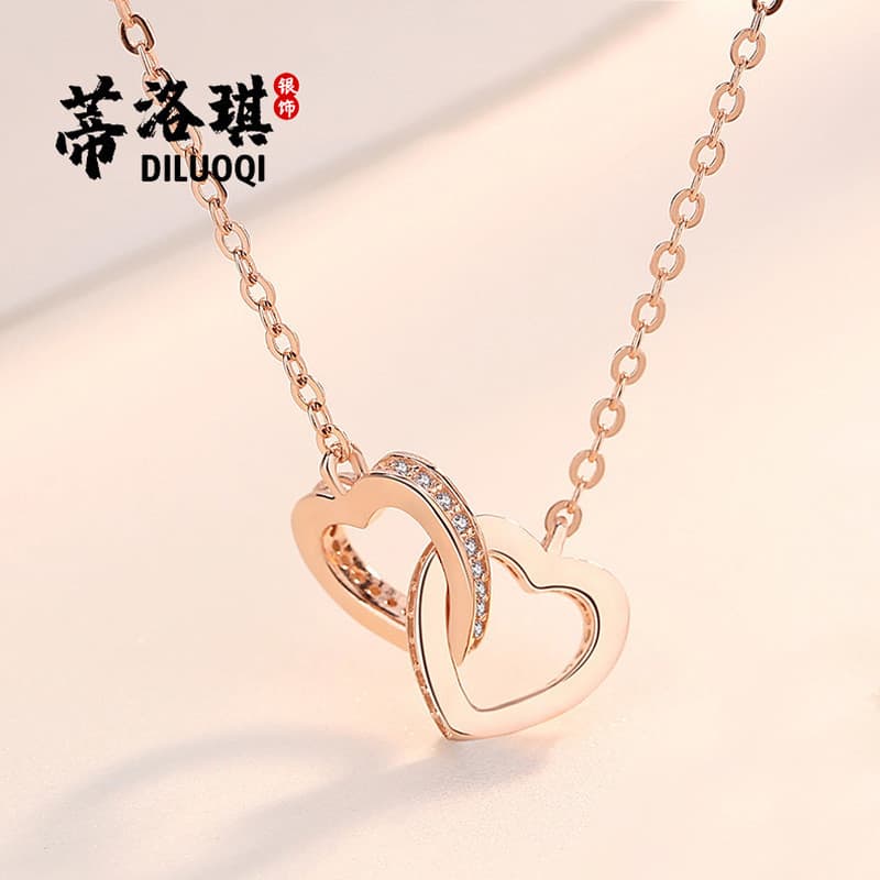 S925 prata duplo coração colar feminino elegante em forma de coração pingente clavícula corrente pescoço colar