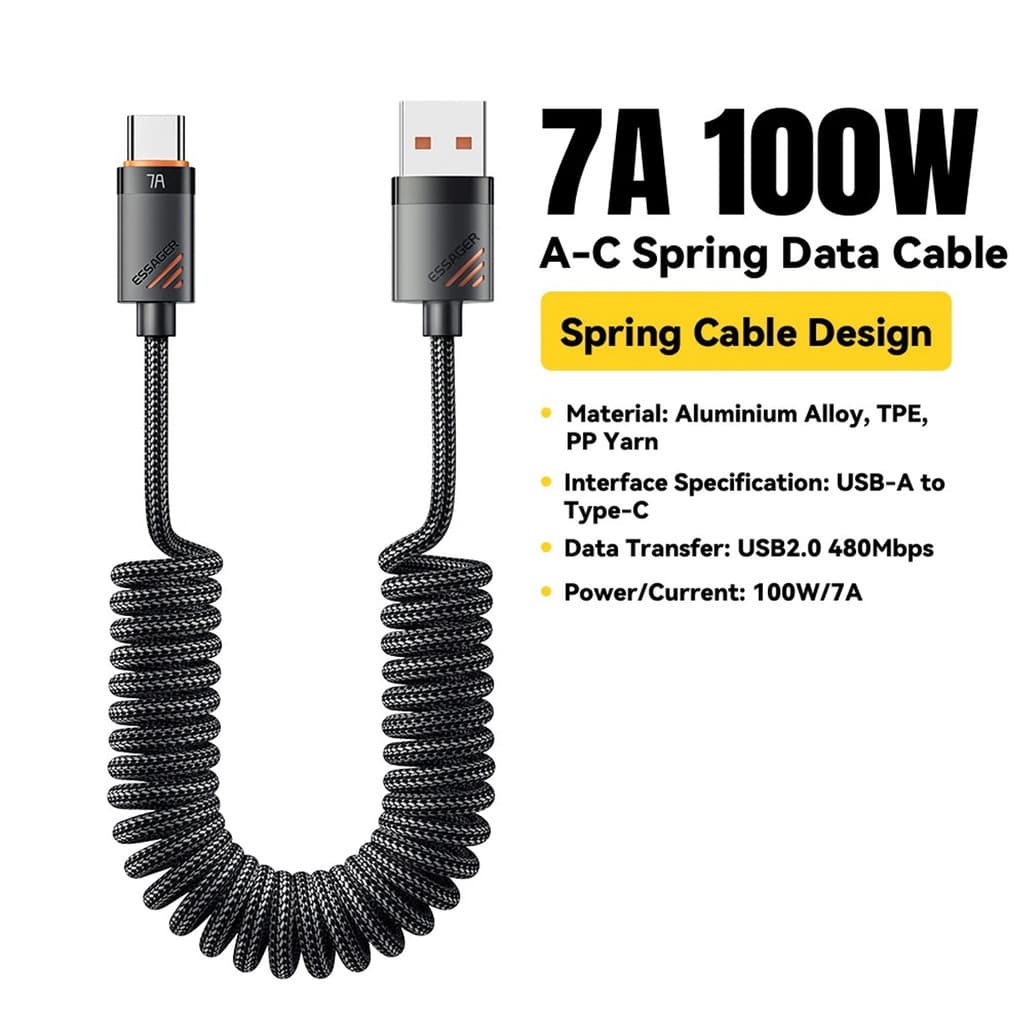 Cabo Som Carro Espiral Tipo C TipoC Tipo-C USB-A USB 180cm
