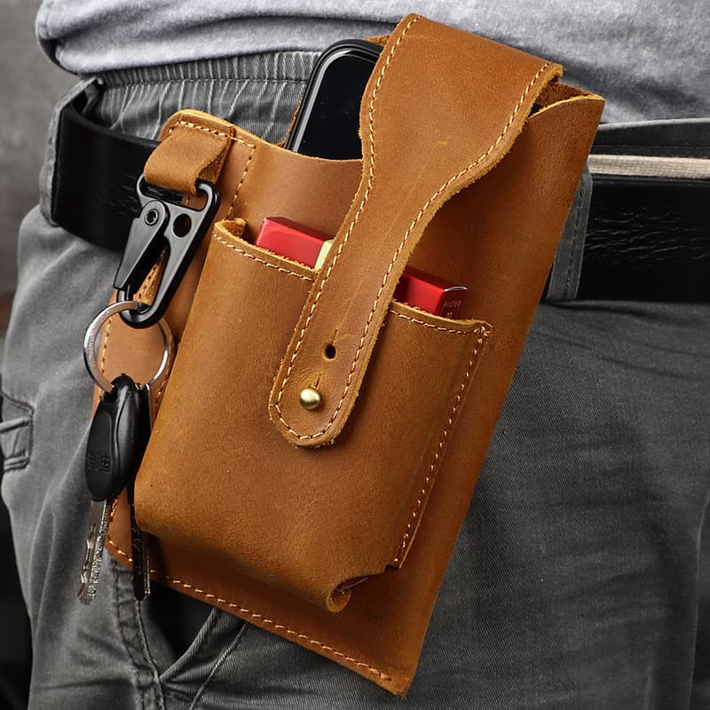 Bolsa de cintura masculina retrô de couro de cavalo louco, bolsa de couro genuíno para celular, bolsa de cintura suspens