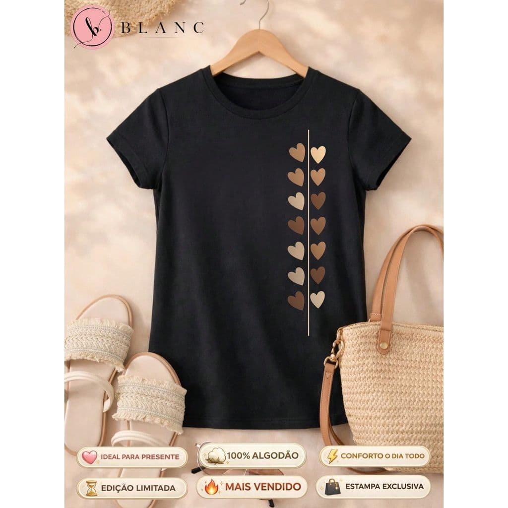 Blusa Feminina 100% Algodão Estampa Corações Minimalista Baby Look Manga Curta Casual Confortável P ao GG