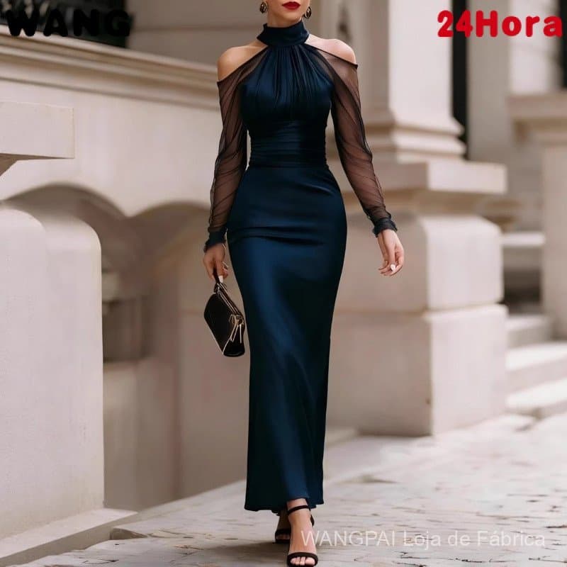 Vestido Longo de Festa com Decote Halter em Cor Sólida para Mulheres, Ideal para Noivada