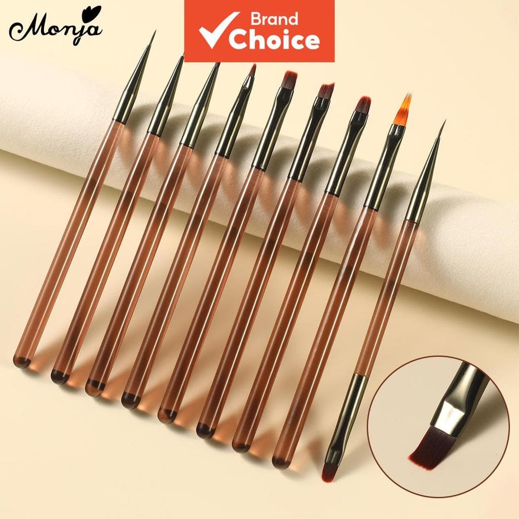 9 peças Monja Nail Art Liner Flores Caneta de Desenho Francesa Pincel UV Gel Pintura Ferramentas com Cabo Transparente