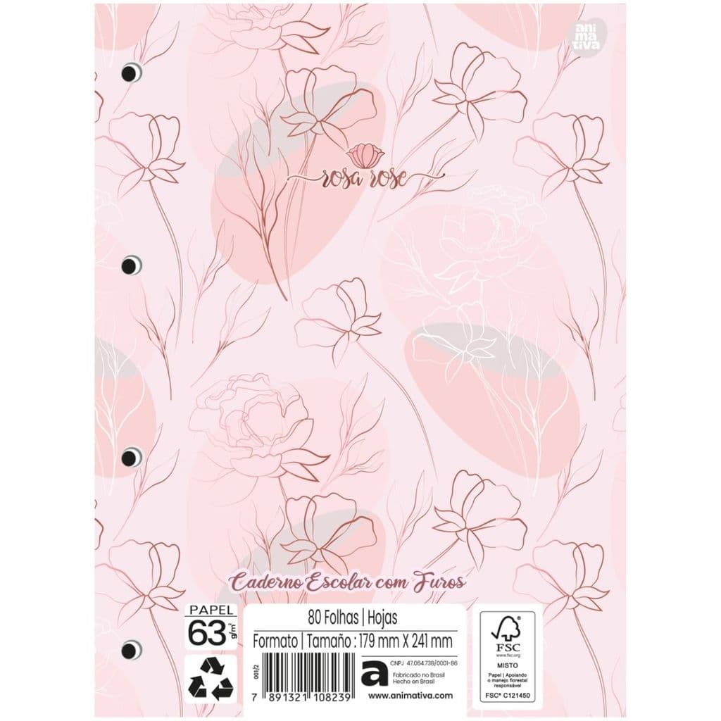Refil (COLEGIAL) Caderno Argolado Fichário Rosa Rose 80 folhas 17,7cm x 24,0cm - Animativa