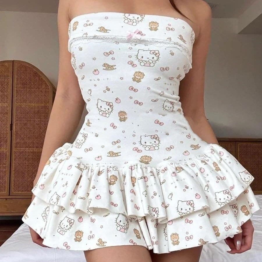 Saia Feminina Com Estampa De Gatinho Sem Alças Fashion Doce Vestido De Bolo Evasê