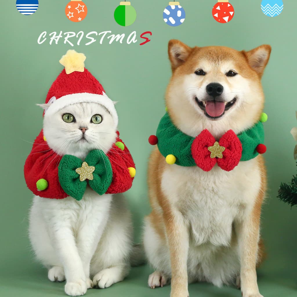 Novo Cão Gato Conjunto De Natal Bonito Pelúcia Estrela De Cinco Pontas Babador Pet Arco Colar Cachecol Chapéu Engraçado