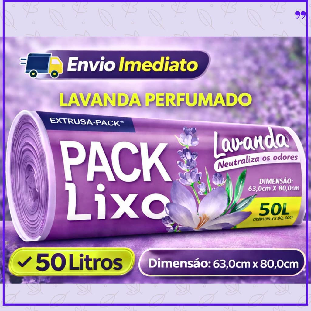 Saco de Lixo Lavanda PERFUMADO 50 Litros | Neutraliza Odores | Reforçado | Envio Rápido | 63x80cm