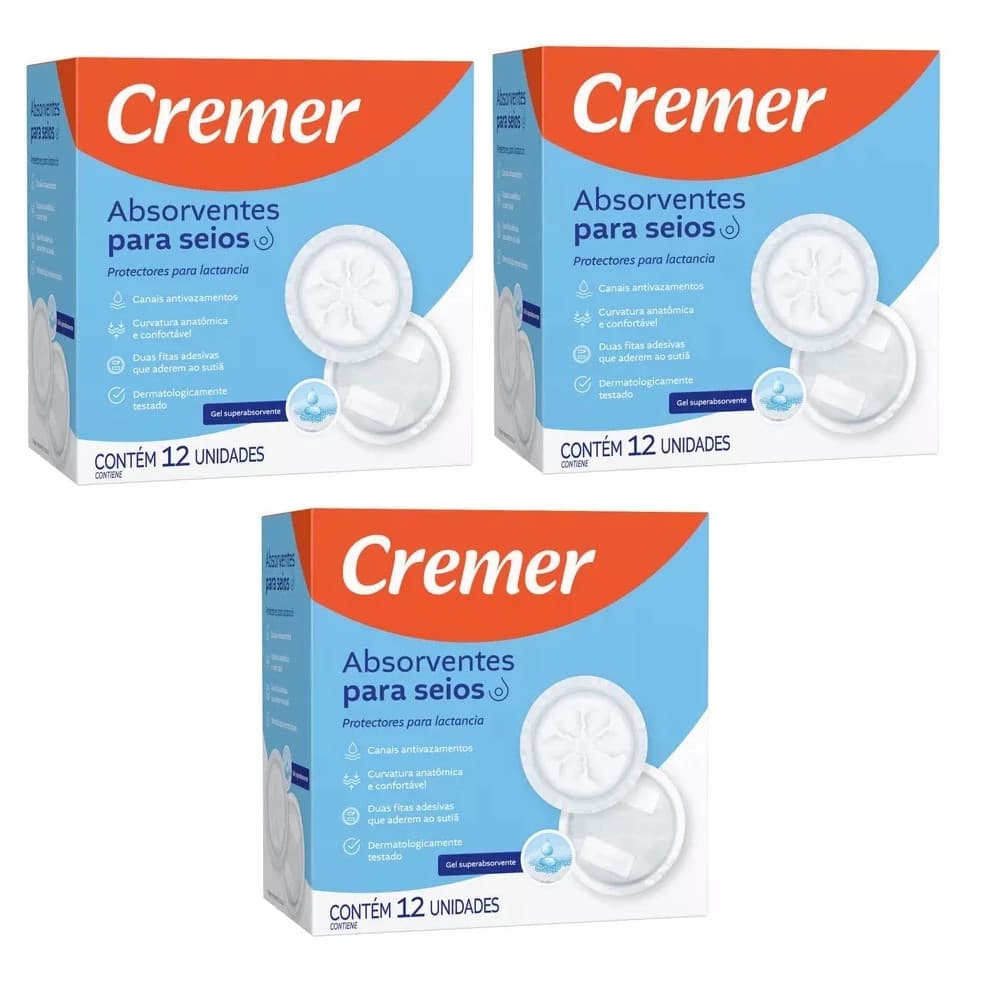 KIT C/3 Absorvente Para Seios Cremer 12 Unidades