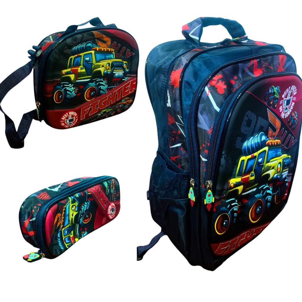 Kit Escolar Infantil 3D Carro Mochila Lancheira Estojo - Volta Aulas