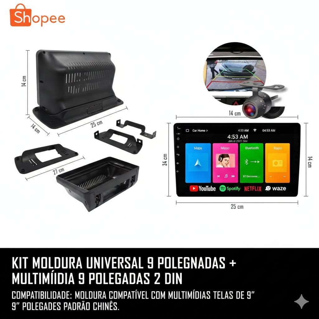 Kit Multimidia  2026 32GB 9 Polegadas Android Carplay Wi-fi + Moldura universal
