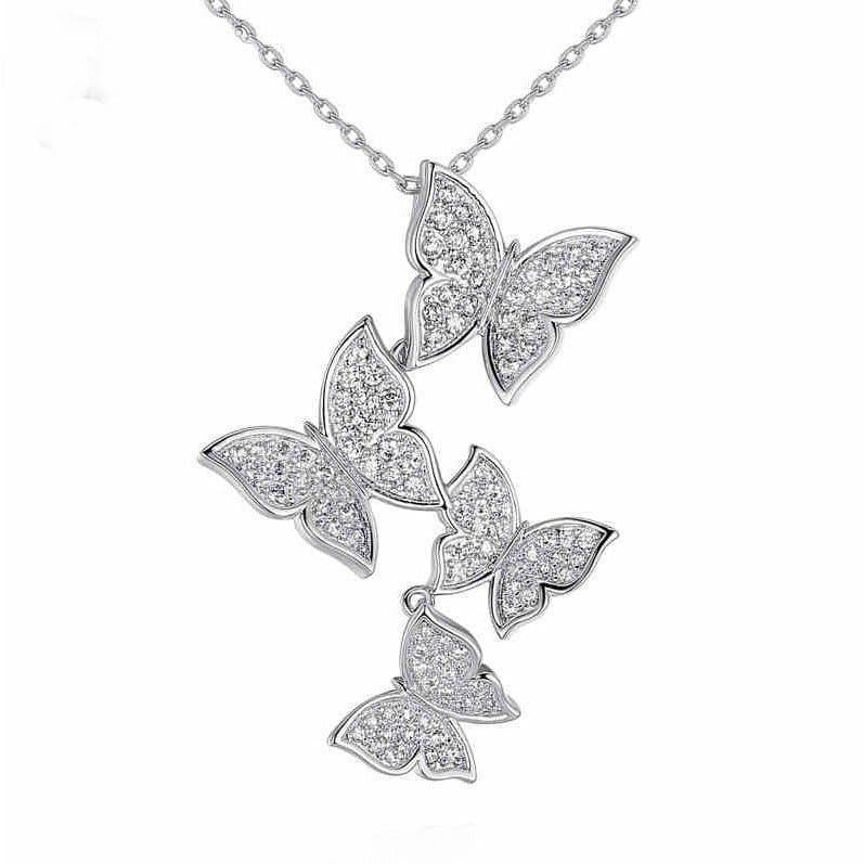 Colar de prata 18K para mulheres, estilo curto, moda coreana, quatro borboletas com diamantes, corrente para clavícula,