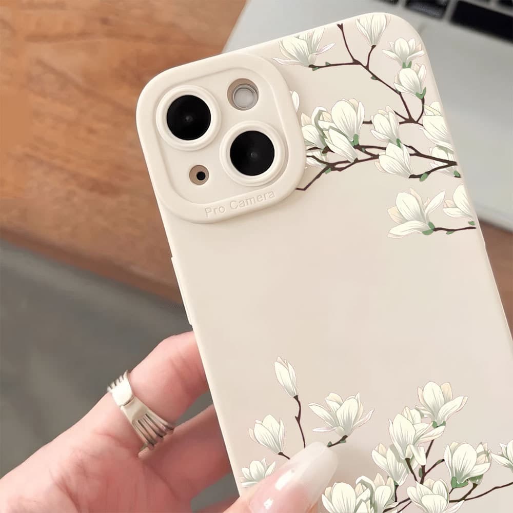 Capa De Flor Branca Capinha Para iPhone 13 12 11 Pro XS Max XR 7 8 Plus SE Fosco Silicone Proteção De Lente Anti-Impacto