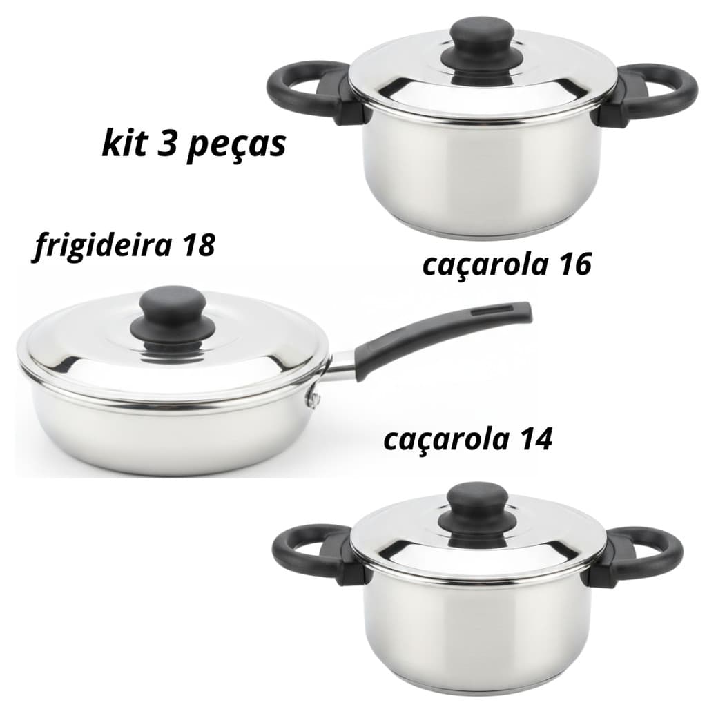 KIT 3 Panelas Caçarolas Aluminio Polido e frigideira 18cm
