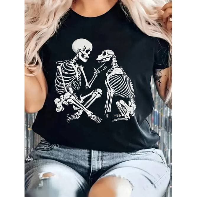 Camiseta Feminina Caveira Humana e Cachorro Estilosa Confortável Divertida Casual Verão