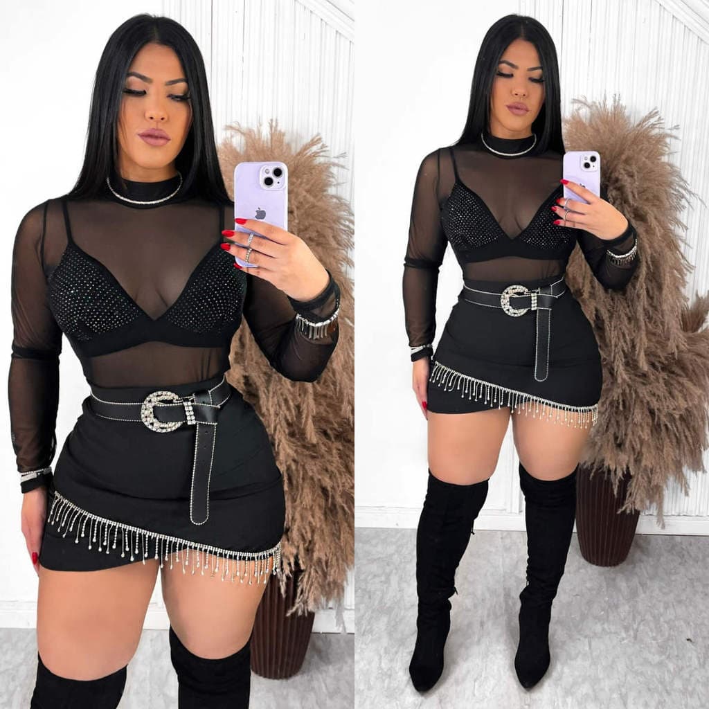 Look Amanda  - Body de Tule, Top Strass e Saia Strass (cinto não incluso) Femino