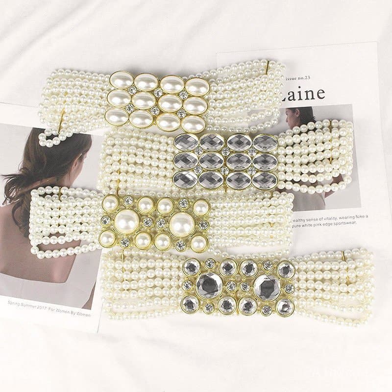 Cinto de pérolas estilo coreano para mulheres, elástico com decorações de strass e contas, cintura larga, delicado e ver
