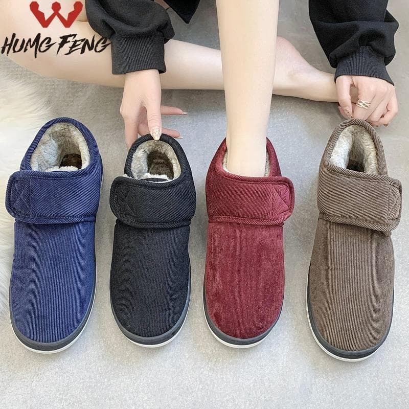 Chinelos de algodão para idosos de meia-idade, outono inverno, homens, mulheres, salto, casa, interior, peludo, pelúcia,