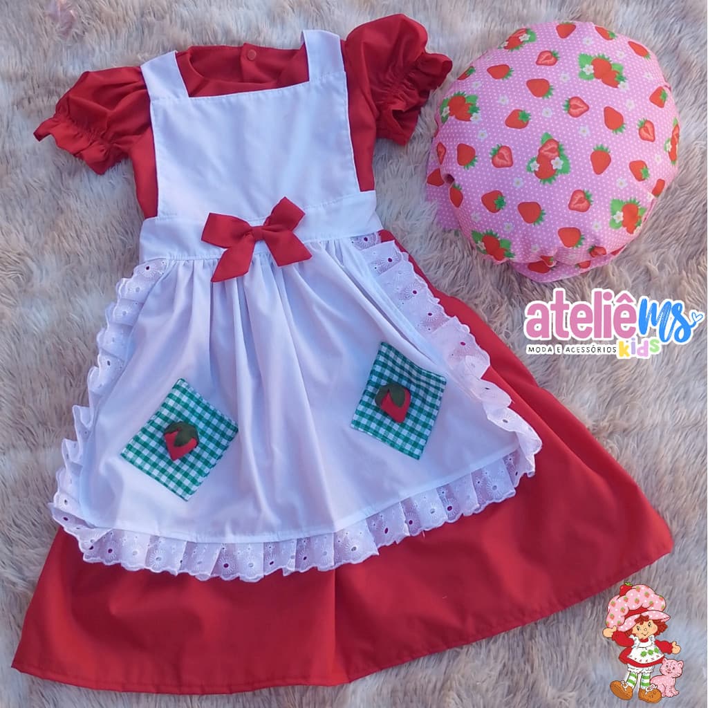 Vestido fantasia infantil da moranguinho completa com chapeu e avental - Fantasia menina - Moranguinho antiga