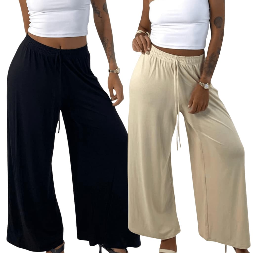 KIT 2 Calça Feminina Pantalona Cintura Alta Viscolycra Premium Soltinha com Perna Larga