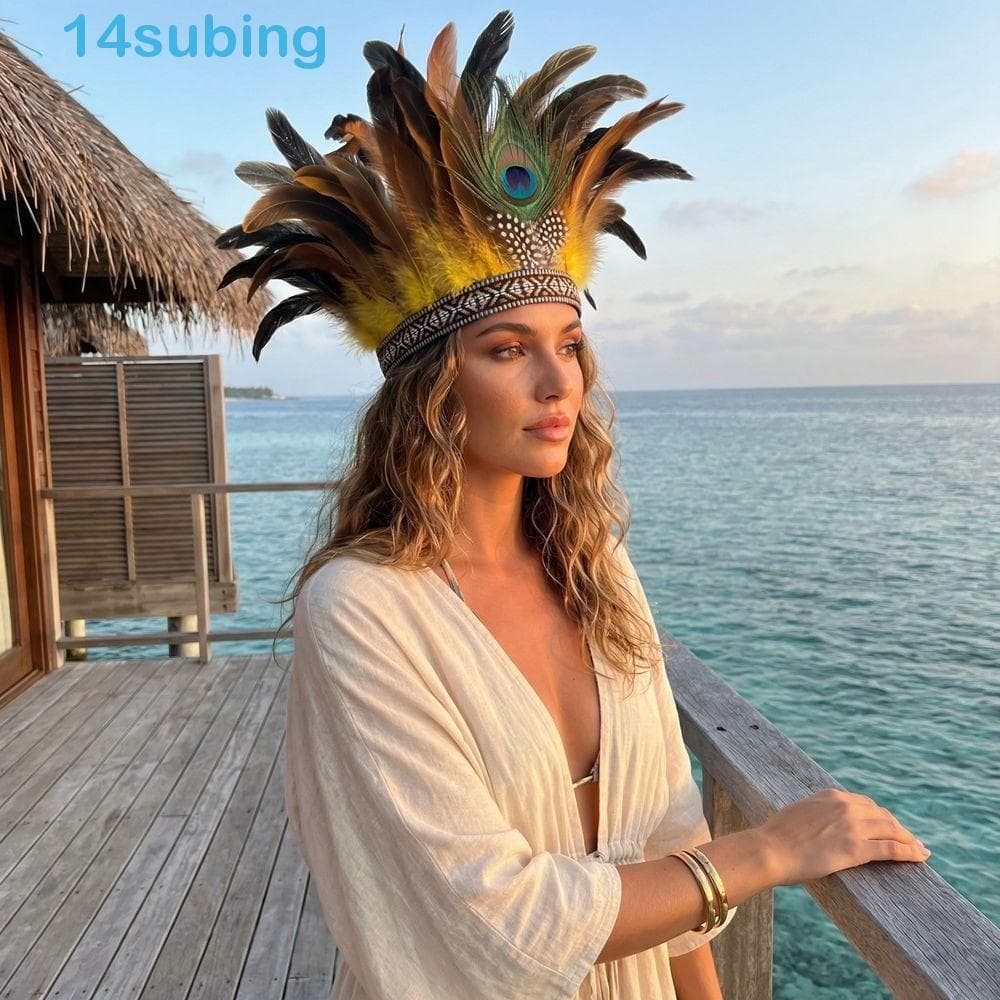 SUBING Coroa De Penas Indianas , Com Alça , Faixa De Cabeça Indiana , Acessórios Para Cabelo , Fantasia De Pavão