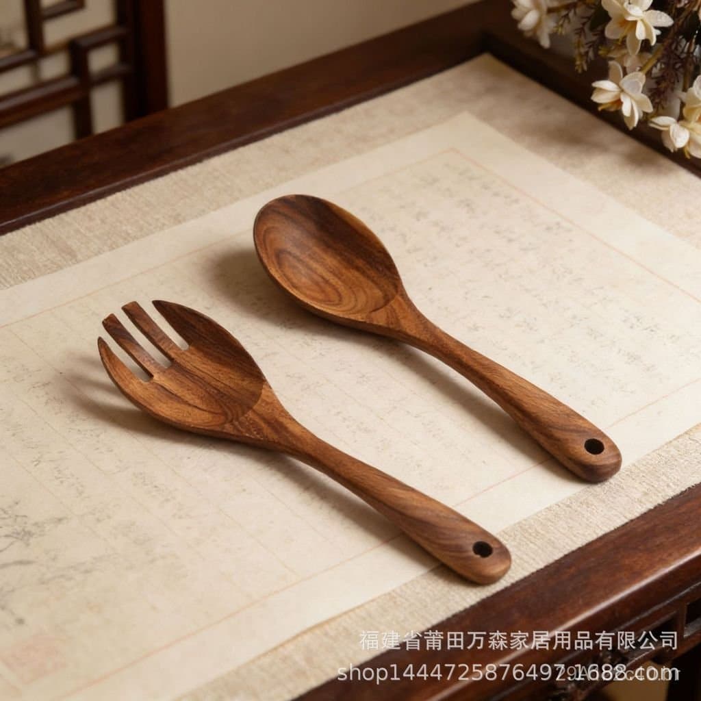 Conjunto de utensílios de madeira de acácia para atacado, colher e garfo de madeira, colher e garfo para salada criativo