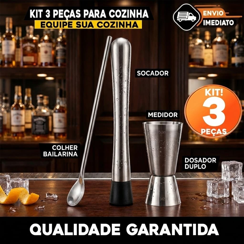 Kit Bar Profissional Inox – Dosador Duplo + Socador de Bebidas + Colher Bailarina | Drinks Perfeitos em Casa
